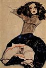 Egon Schiele Canvas Paintings - Black haired girl with high skirt
